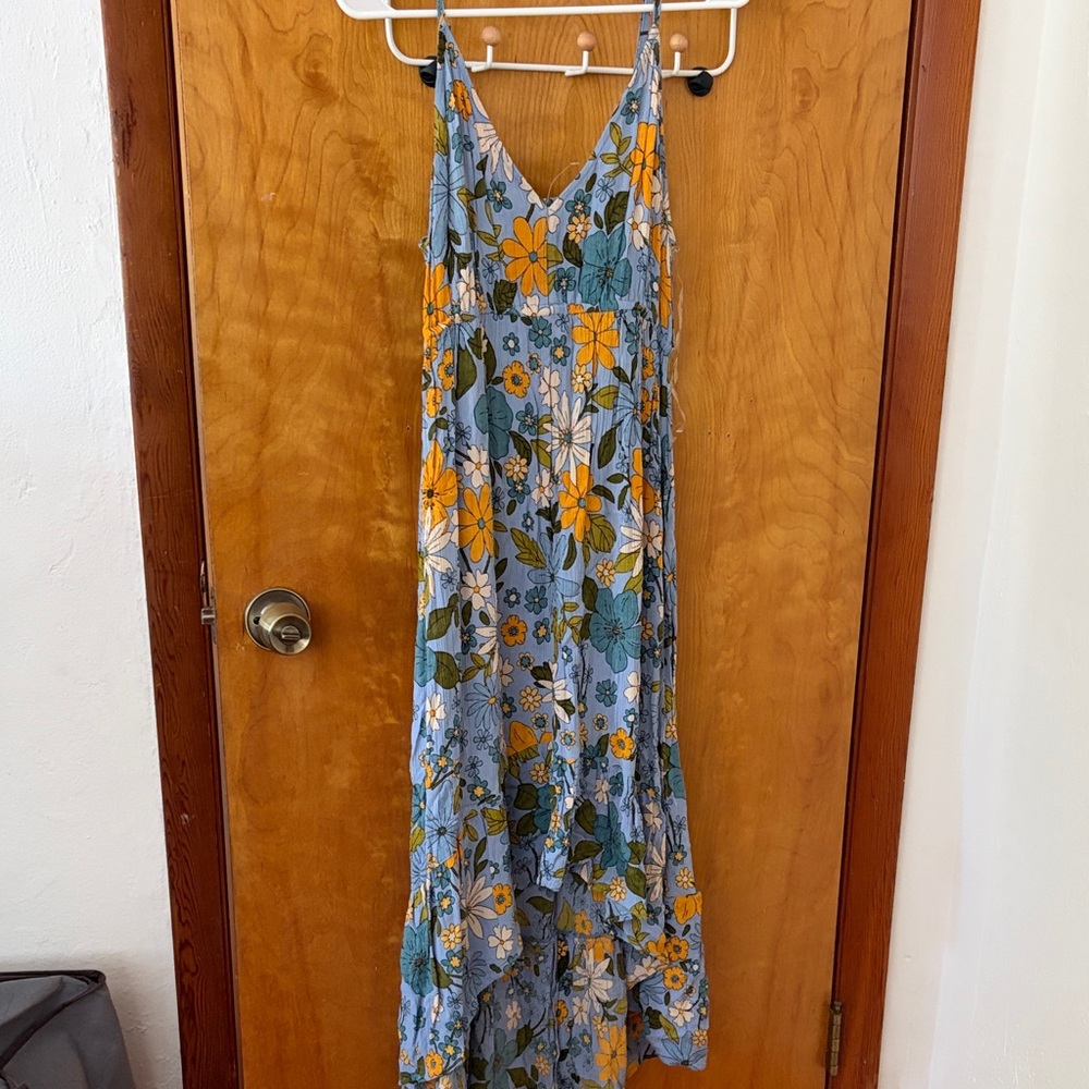 Angie Light Blue Floral High-Low Maxi Dress with Yellow & Green Blooms